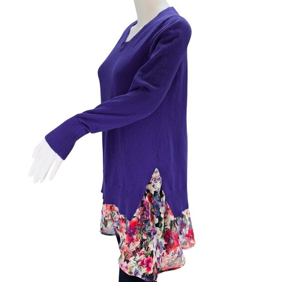 LOGO by Lori Goldstein Sweater Cotton Cashmere Floral Chiffon Hem A261080 Size S - Picture 10 of 13